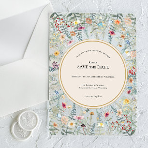 Vintage Wildflower Fern Beige Save the Date Acrylic Invitations