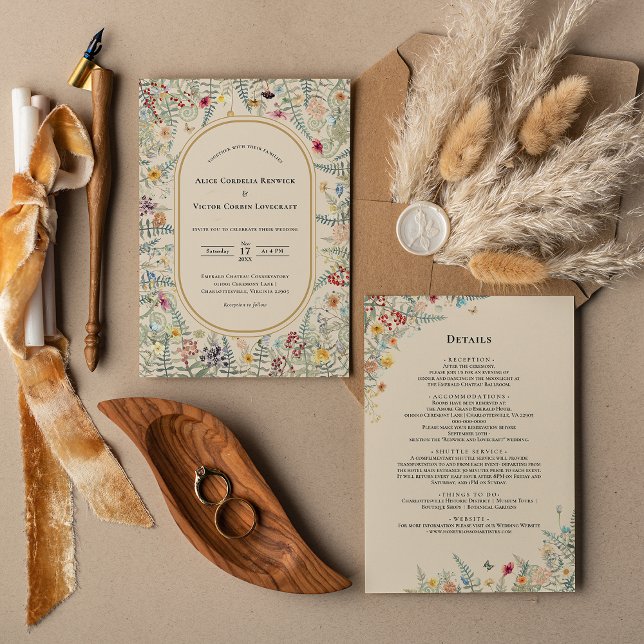 Vintage Wildflower Fern Beige Wedding Details and Invitation (Creator Uploaded)