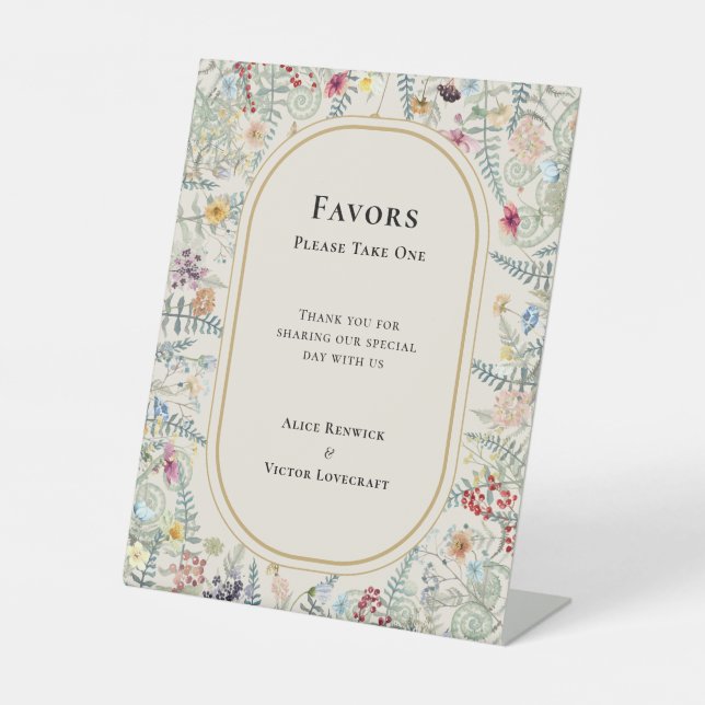 Vintage Wildflower Fern Beige Wedding Favours Pedestal Sign (Front)