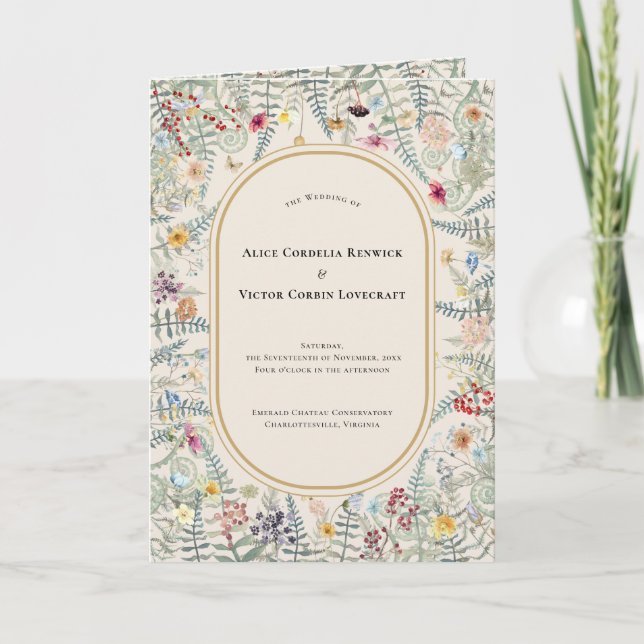 Vintage Wildflower Fern Beige Wedding Folded Programme (Front)