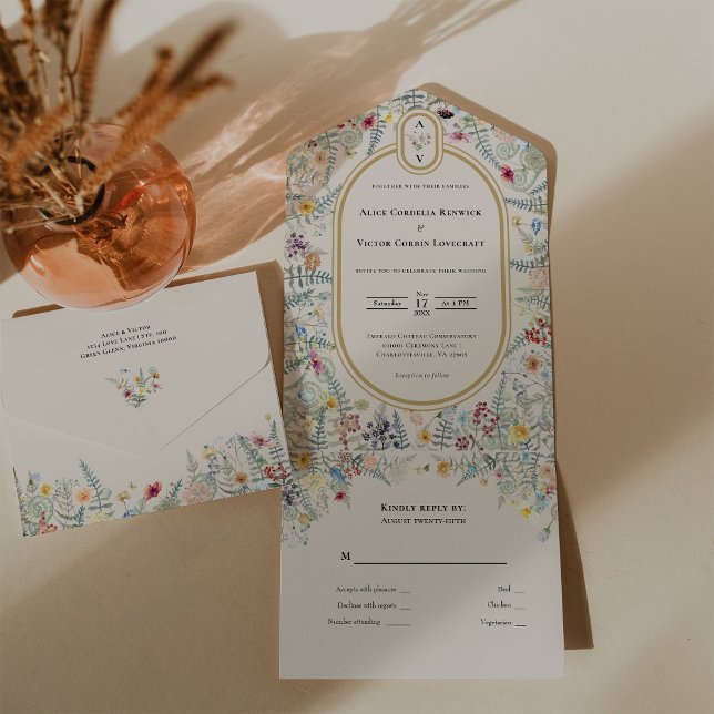Vintage Wildflower Fern Beige Wedding Monogram All In One Invitation (Creator Uploaded)