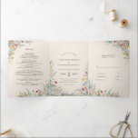 Vintage Wildflower Fern Beige Wedding Monogram Tri-Fold Invitation<br><div class="desc">This Vintage Wildflower Fern Beige Wedding Monogram Tri-Fold Invitation design is an elegant arrangement of classic gold geometric frames embellished with delicate boho floral greenery bouquets and stems. Featuring a palette of timeless ivory beige backgrounds with simple classic black typography and whimsical colourful wildflowers, creating a lovely and polished romantic...</div>