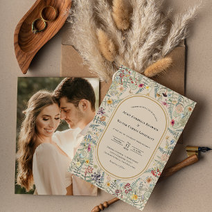 Vintage Wildflower Fern Beige Wedding Photo Invitation
