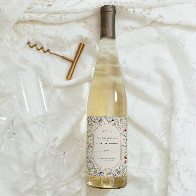 Vintage Wildflower Fern Beige Wedding Wine Label (Creator Uploaded)