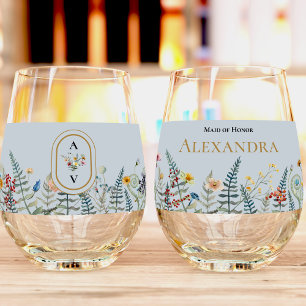 Vintage Wildflower Fern Dusty Blue Bridal Party Stemless Wine Glass
