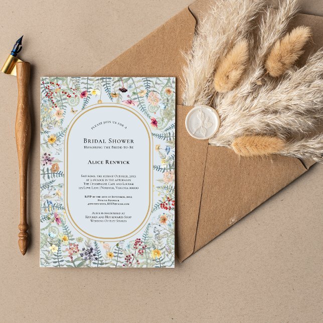 Vintage Wildflower Fern Dusty Blue Bridal Shower Invitation (Creator Uploaded)