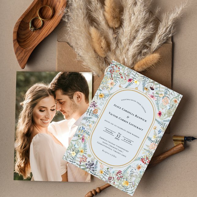 Vintage Wildflower Fern Dusty Blue Wedding Photo Invitation (Creator Uploaded)