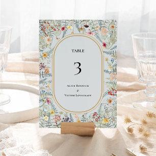 Vintage Wildflower Fern Dusty Blue Wedding Table Number