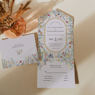 Vintage Wildflower Fern Lavender Wedding All In One Invitation