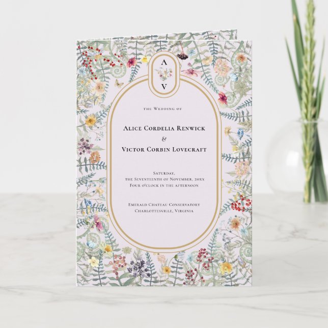 Vintage Wildflower Fern Lavender Wedding Monogram Programme (Front)