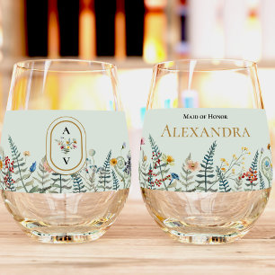 Vintage Wildflower Fern Mint Green Bridal Party Stemless Wine Glass