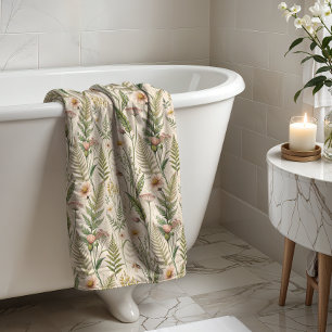 Vintage Wildflower Fern Pattern Peach Green Bath Towel