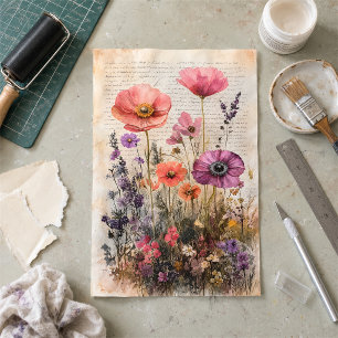 Vintage Wildflower Garden on Old Script Decoupage Tissue Paper