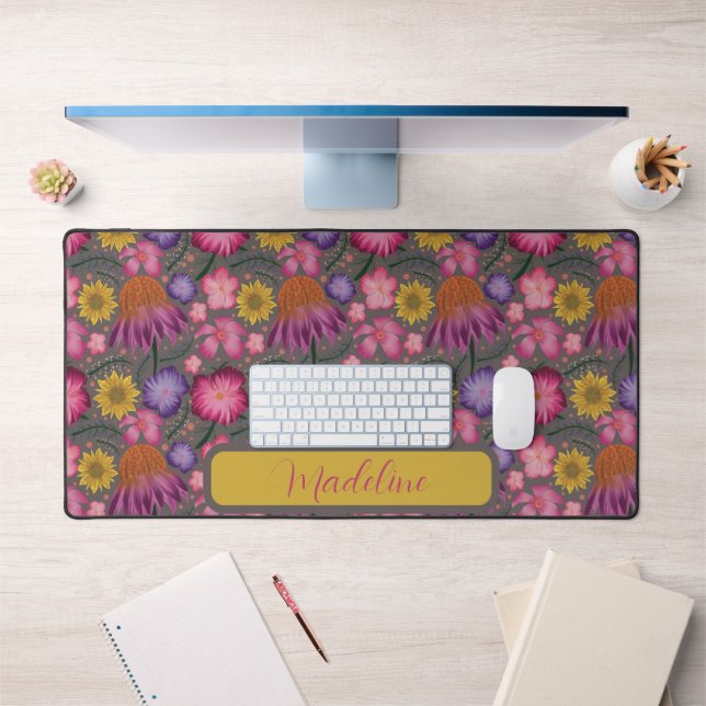 Vintage Wildflower Grey Floral Pattern Desk Mat (Office 1)