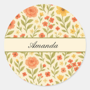 Vintage Wildflower Pattern Name Classic Round Sticker