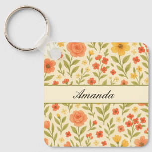 Vintage Wildflower Pattern Name Key Ring