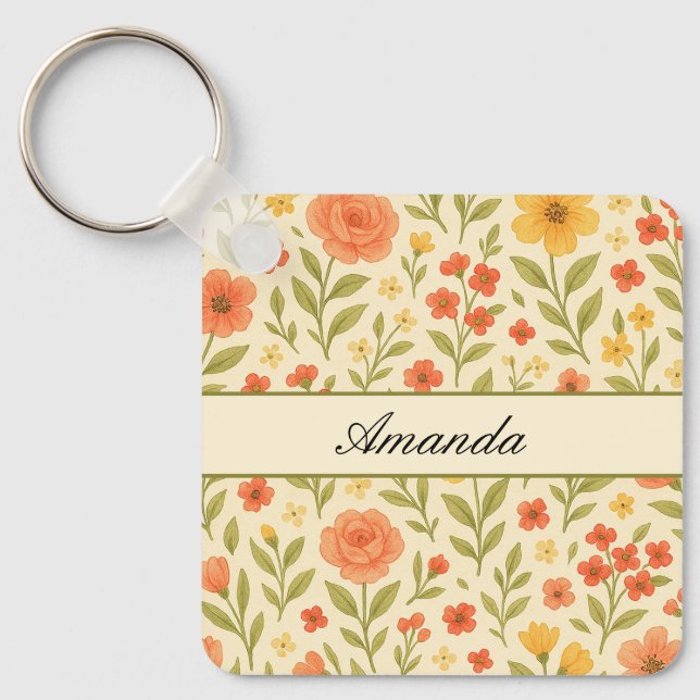 Vintage Wildflower Pattern Name Key Ring (Front)