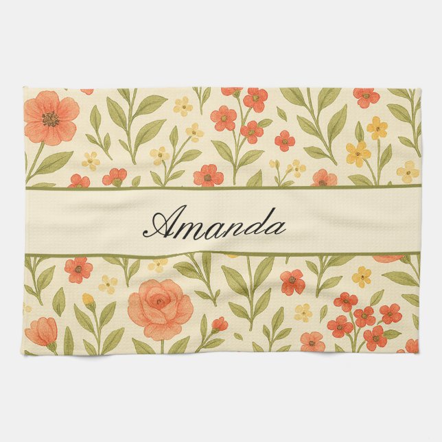 Vintage Wildflower Pattern Name Tea Towel (Horizontal)