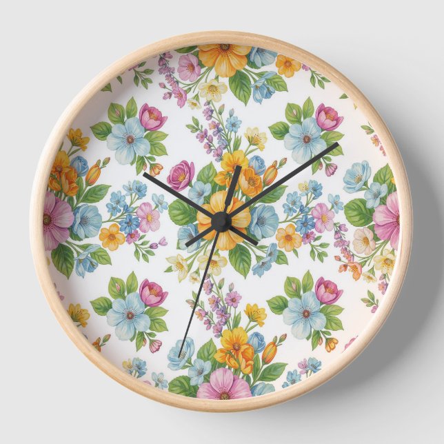 Vintage Wildflower Pattern Wooden Wall Clock (Front)