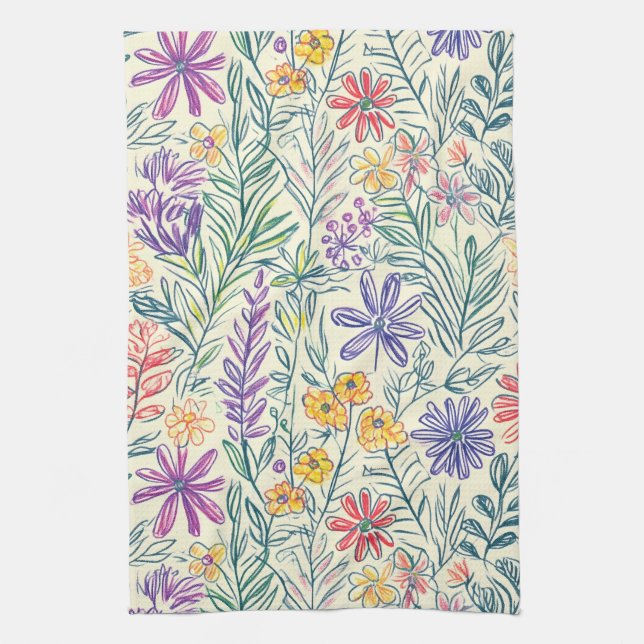 Vintage Wildflower Sketch (2) Tea Towel (Vertical)