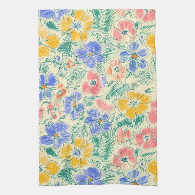 Vintage Wildflower Sketch (3) Tea Towel (Vertical)