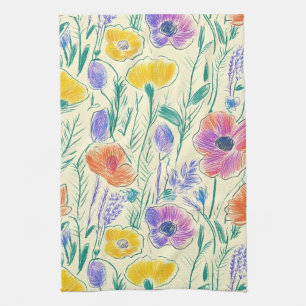 Vintage Wildflower Sketch (6) Tea Towel