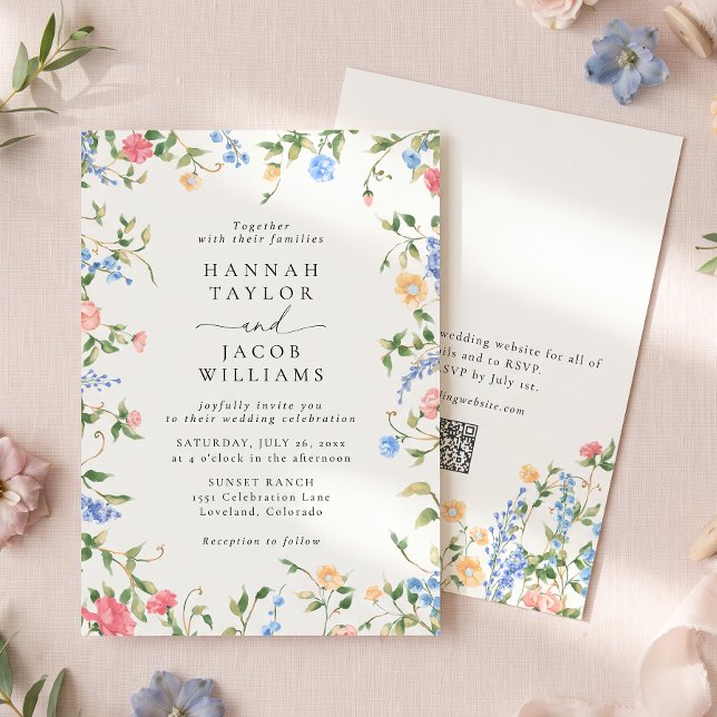 Vintage Wildflower Soft Pastel QR Code Wedding Invitation (Creator Uploaded)