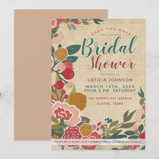 Vintage Wildflower Teal Red & Pink Bridal Shower Invitation (Front/Back)