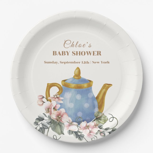 Vintage Wildflower Teapot Baby Shower  Paper Plate (Front)