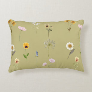 Vintage Wildflower Watercolor Collage on Sage Gree Decorative Cushion
