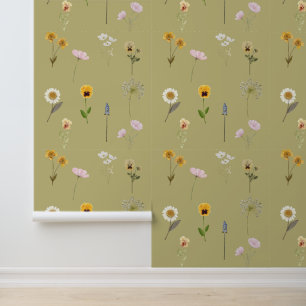 Vintage Wildflower Watercolor Collage on Sage Gree Wallpaper