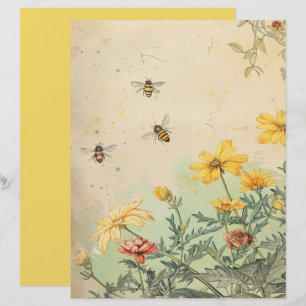 Vintage Wildflowers and Bees Scrapbook Paper