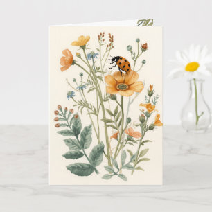 Vintage Wildflowers and Ladybug Botanical Watercol Card
