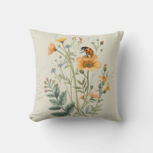 Vintage Wildflowers and Ladybug Botanical Watercol Cushion