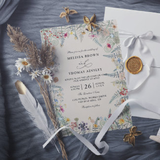 Vintage Wildflowers Fern Budget QR Code Wedding Invitation