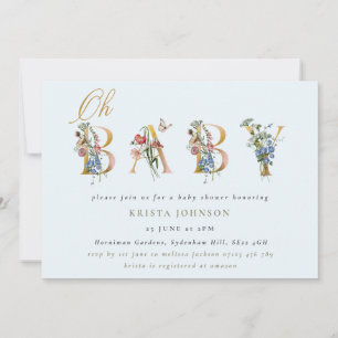 Vintage Wildflowers & Gold and Blue Baby Shower Invitation