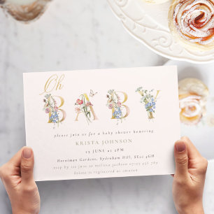 Vintage Wildflowers Gold and Blush Baby Shower Inv Invitation