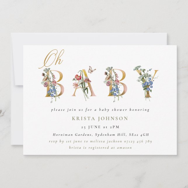 Vintage Wildflowers & Gold Letters Baby Shower Invitation (Front)