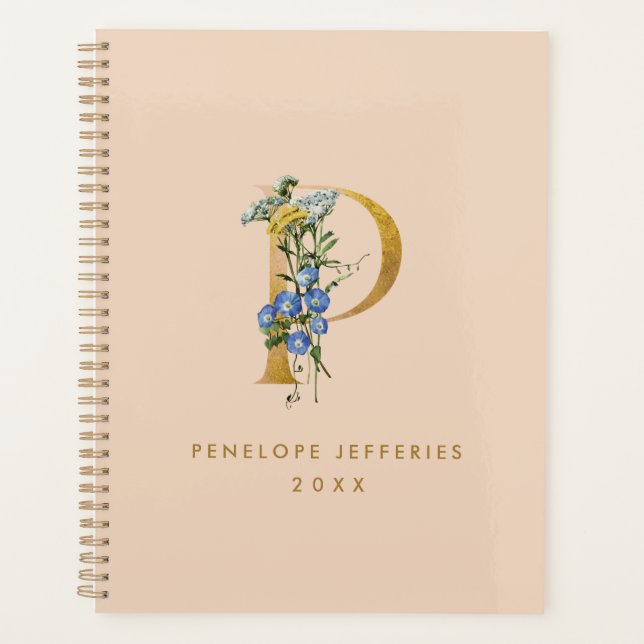 Vintage Wildflowers & Gold Monogram Letter P Planner (Front)