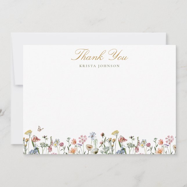 Vintage Wildflowers Gold Script Personalised Thank You Card (Front)