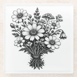 Vintage wildflowers linocut botanical floral art glass coaster