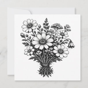 Vintage wildflowers linocut botanical floral art invitation