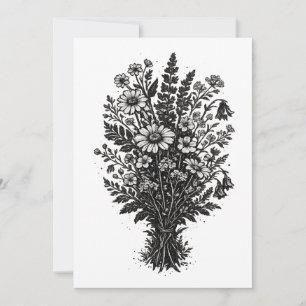 Vintage wildflowers linocut botanical floral art invitation