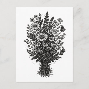 Vintage wildflowers linocut botanical floral art postcard