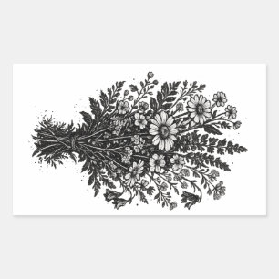 Vintage wildflowers linocut botanical floral art rectangular sticker