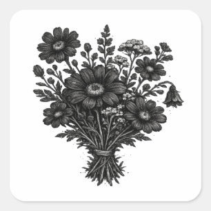 Vintage wildflowers linocut botanical floral art square sticker