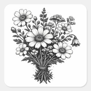 Vintage wildflowers linocut botanical floral art square sticker