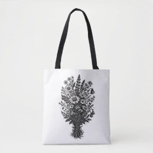 Vintage wildflowers linocut botanical floral art tote bag