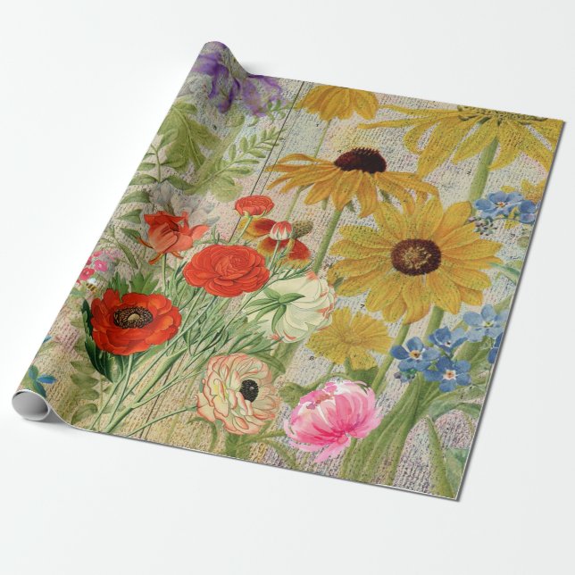 Vintage Wildflowers Nature Botanical Collage  Wrapping Paper (Unrolled)