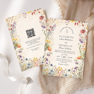 Vintage Wildflowers  QR Code Wedding Invitation